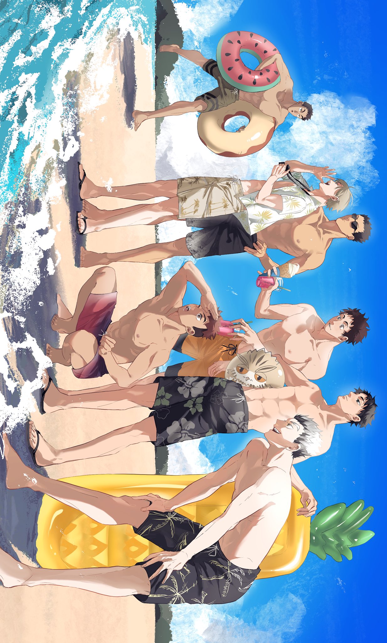 6+boys, :o, air_mattress, barefoot, beach, bird, black_hair, black_shorts, blonde_hair, blue_sky, brown_hair, calling, character_request, closed_mouth, clouds, cloudy_sky, cocktail, cup, day, floral_print, food, fruit, grey_hair, haikyuu!!, hand_on_own_hip, hands_on_own_knees, highres, holding, holding_cup, holding_food, holding_ice_cream, holding_innertube, ice_cream, innertube, male_focus, multiple_boys, muscular, muscular_male, ocean, open_mouth, orange_shorts, outdoors, owl, pineapple, red_shorts, sandals, shirt, short_hair, shorts, sky, smile, squatting, sunglasses, teeth, topless_male, wansan_hq, watermelon_innertube, white_shirt, white_shorts