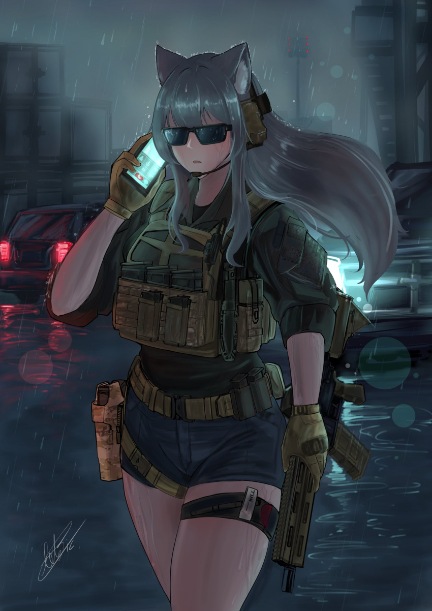 1girl, animal_ear_fluff, animal_ears, arktic, black_shirt, blue_shorts, brown_gloves, building, car, cellphone, commentary, ear_protection, english_commentary, facing_viewer, floating_hair, gloves, grey_hair, gun, headset, highres, holding, holding_gun, holding_phone, holding_weapon, long_hair, motor_vehicle, night, original, outdoors, parted_lips, phone, puffy_short_sleeves, puffy_sleeves, rain, shirt, short_shorts, short_sleeves, shorts, signature, solo, sunglasses, very_long_hair, weapon