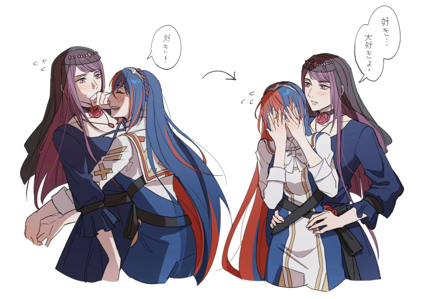 2girls, alear_(female)_(divine_attire)_(fire_emblem), alear_(female)_(fire_emblem), alear_(fire_emblem), blue_eyes, blue_hair, blush, bow