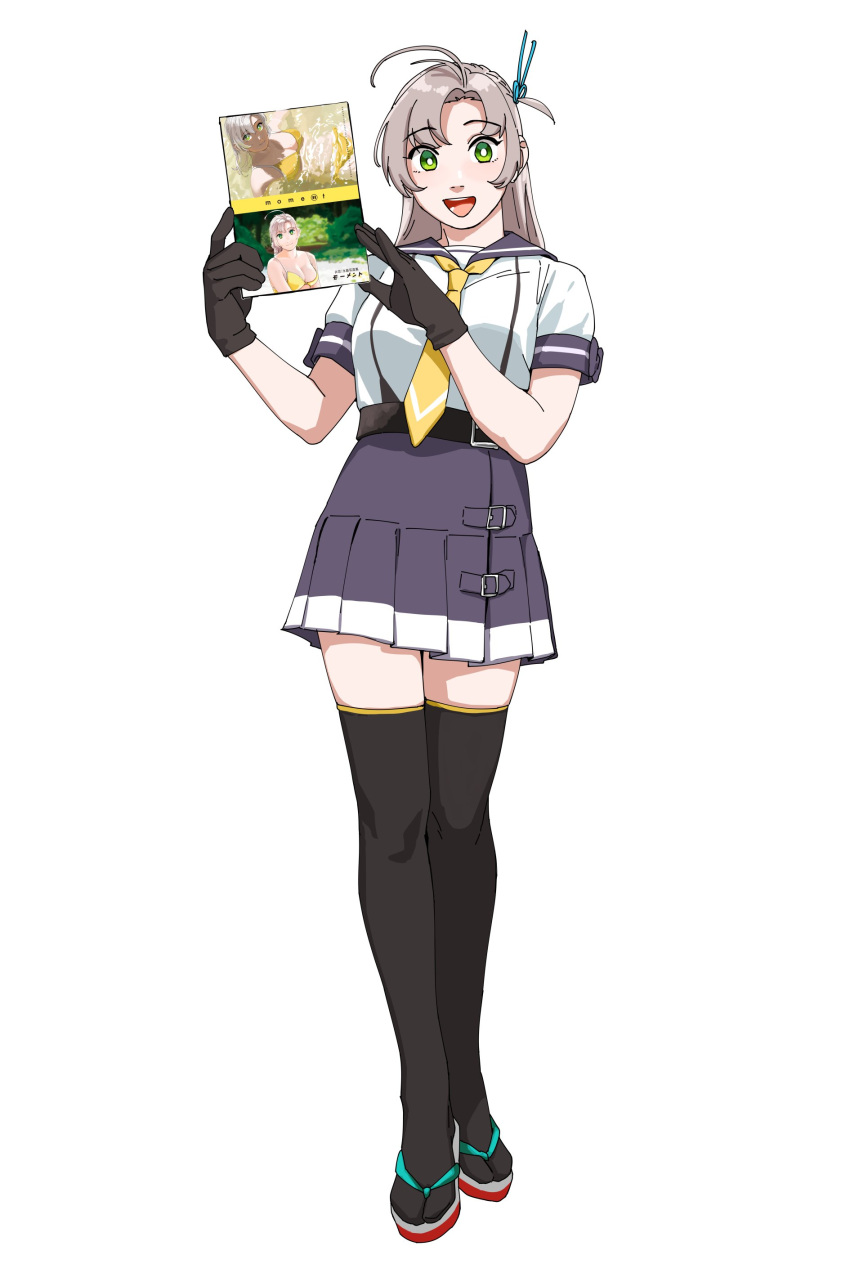 1girl, absurdres, antenna_hair, black_gloves, black_thighhighs, book, full_body, gloves