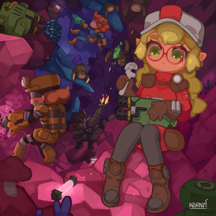 absurdres, blonde_hair, blood, cave, death, deep_rock_galactic, drill_hand, driller_(deep_rock_galactic)
