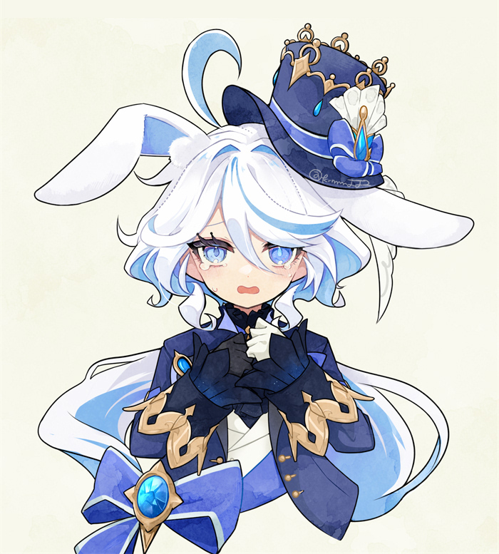 1girl, ahoge, animal_ears, artist_name, ascot, black_gloves, blue_eyes, blue_hair, blue_headwear, blue_jacket, blush, crying, crying_with_eyes_open, furina_(genshin_impact), genshin_impact, gloves, hair_between_eyes, hat, jacket, light_blue_hair, long_hair, looking_at_viewer, mamepi, open_mouth, rabbit_ears, simple_background, solo, teardrop, tears, top_hat, white_gloves