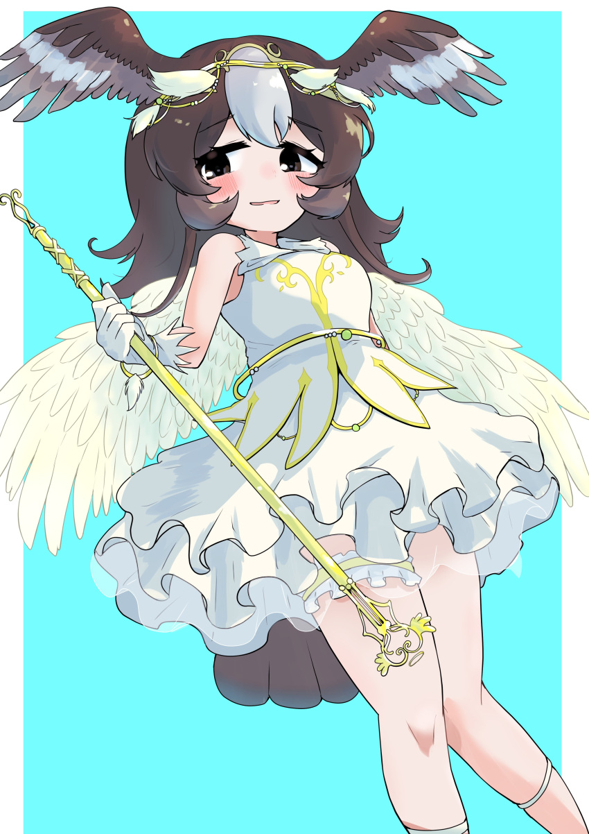 1girl, absurdres, alternate_costume, bare_shoulders, bird_girl, bird_tail, bird_wings, blush