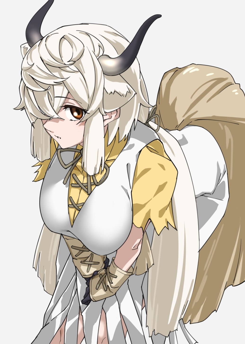 bent_over, bow, bowtie, brown_bow, brown_bowtie, collared_shirt, dress, extra_ears