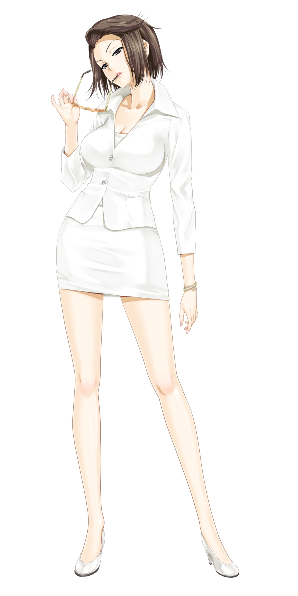 1girl, black_eyes, bracelet, brown_hair, business_suit, duplicate, female, happoubi_jin, hayakawa_izumi, high_heels, jewelry, shoes, short_hair, skirt, solo, sunglasses, tagme, zettai_shougeki, zettai_shougeki_platonic_heart