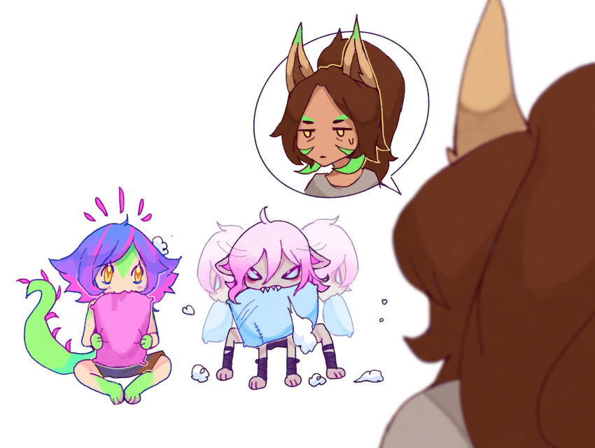 3girls, animal_ears, blue_eyes, briar_(league_of_legends), brown_hair, chameleon_girl, chameleon_tail, closed_mouth, hair_between_eyes, highres, knol_(flowrmosh), league_of_legends, leaning_forward, lion_ears, lion_girl, multicolored_hair, multiple_girls, neeko_(league_of_legends), nidalee, parted_bangs, pillow, pink_hair, sharp_teeth, short_hair, sidelocks, simple_background, sitting, sweatdrop, tail, teeth, two-tone_hair, vampire, white_background, yellow_eyes