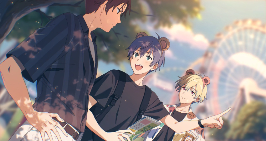 3boys, amamine_shu, animal_ears, backpack, bag, bear_ears, black_shirt, blonde_hair