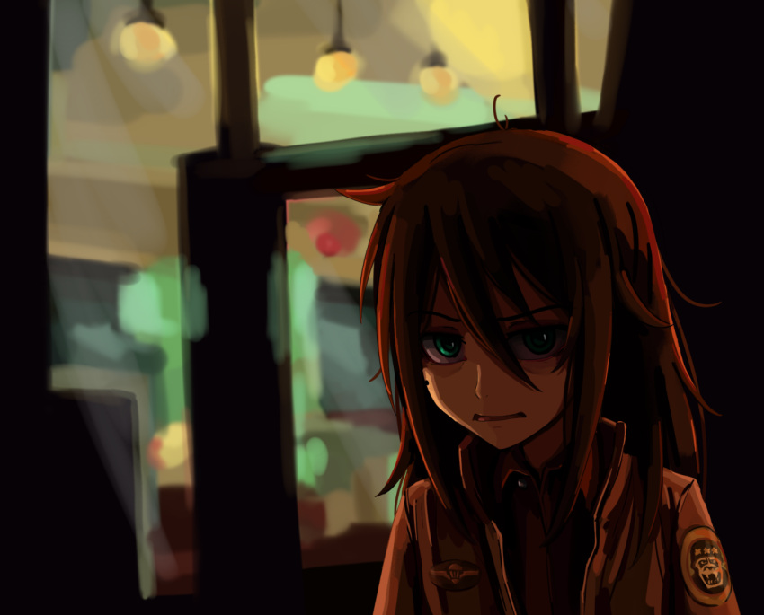 1girl, black_hair, brown_jacket, building, green_eyes, jacket, kuroki_tomoko, kurokimoko