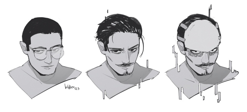 1boy, artist_name, black_hair, cropped_shoulders, facial_hair, glasses, goatee, golden_kamuy
