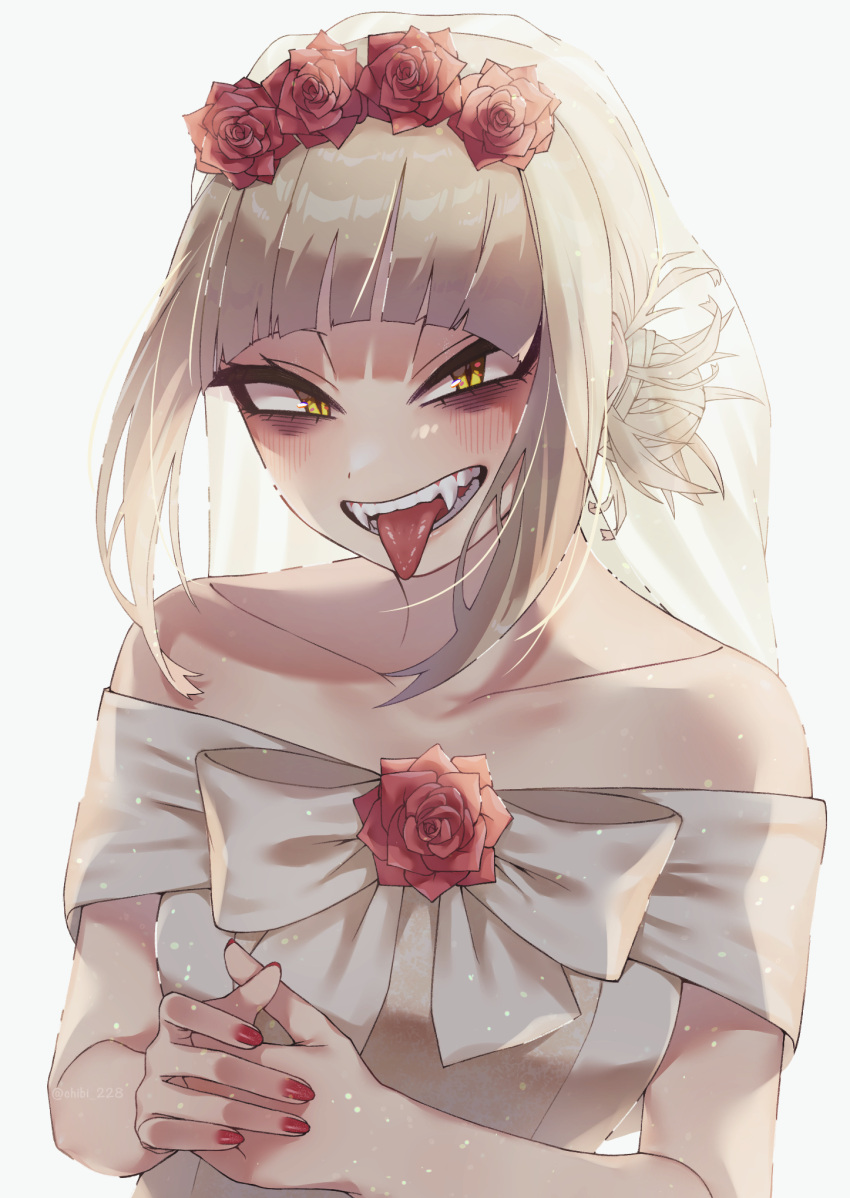 1girl, bags_under_eyes, blonde_hair, blunt_bangs, boku_no_hero_academia, chibi_228, dress, fangs, flower, hair_bun, head_wreath, highres, looking_at_viewer, messy_hair, nail_polish, narrowed_eyes, red_nails, rose, sidelocks, slit_pupils, solo, toga_himiko, tongue, tongue_out, wedding_dress, white_dress, yellow_eyes