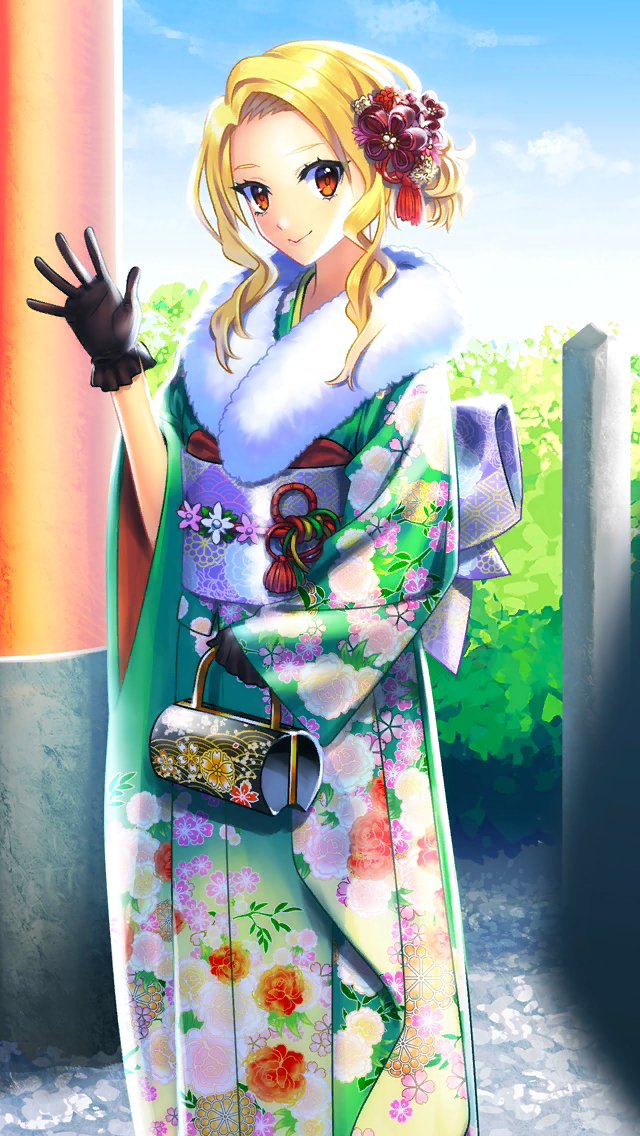 1girl, black_gloves, blonde_hair, closed_mouth, day, doukyuusei_another_world, floral_print, furisode