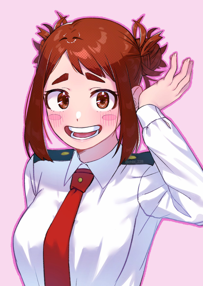 1girl, blush, blush_stickers, boku_no_hero_academia, brown_hair, chibi_228, collared_shirt, double_bun