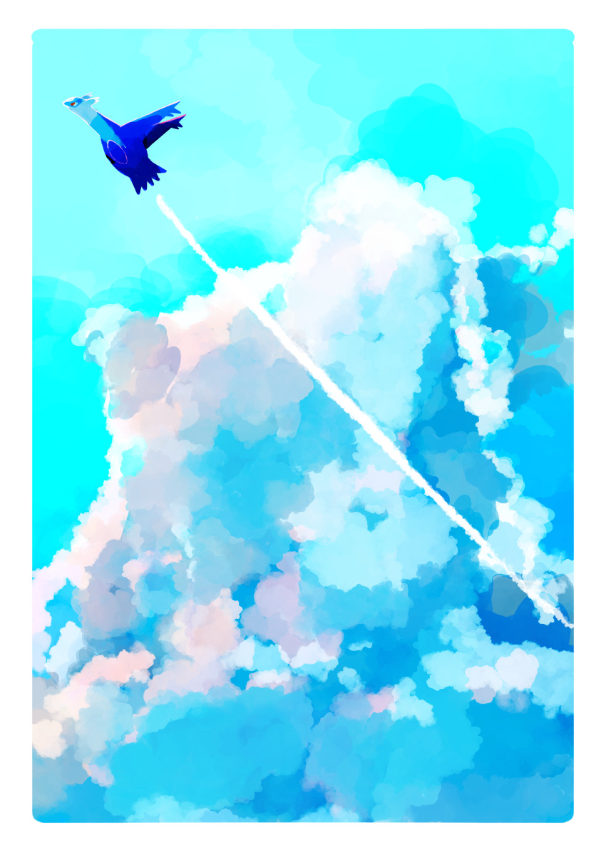 absurdres, aoyoru_(bazaaku), border, clouds, commentary, day, from_side, highres, latios, no_humans, outdoors, pokemon, pokemon_(creature), red_eyes, smoke_trail, solo, white_border