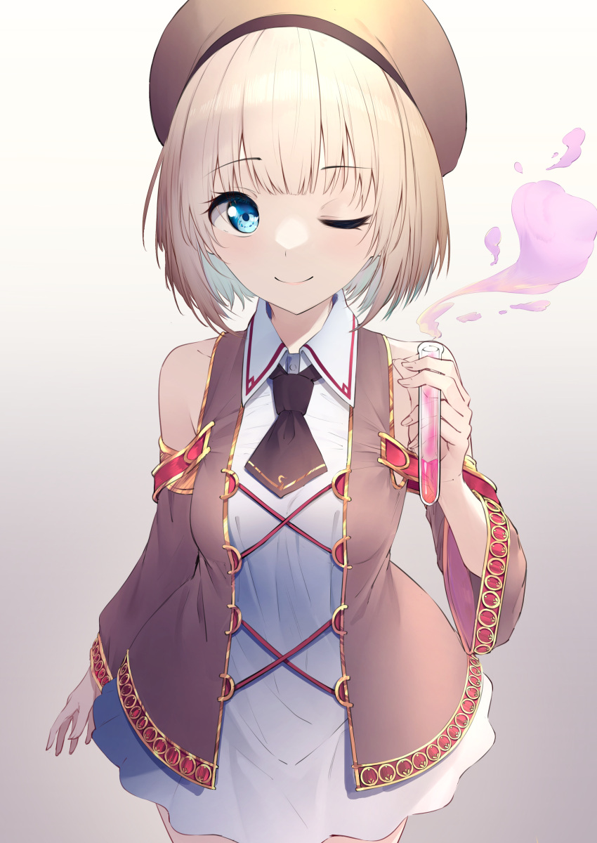 1girl, ;), absurdres, arm_at_side, ascot, bare_shoulders, beret, black_ascot