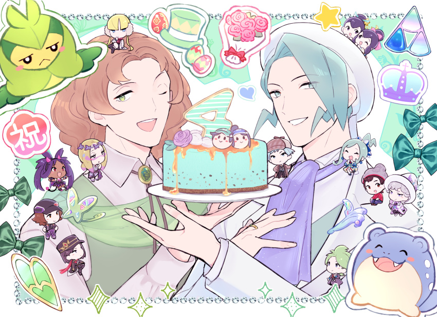 5girls, 6+boys, :d, bede_(champion)_(pokemon), bede_(pokemon), beret, bettie_(pokemon), brown_hair