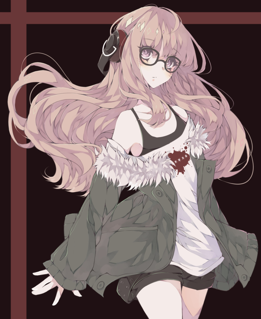 1girl, art_trade, bare_shoulders, black-framed_eyewear, black_background, black_shorts, black_tank_top, blush
