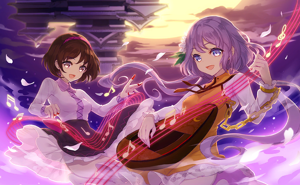 2girls, black_skirt, brown_eyes, brown_hair, brown_neckerchief, brown_trim, chain, clothes_lift