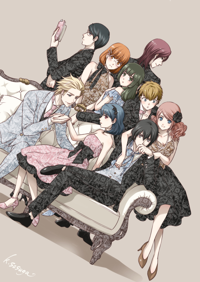 4girls, 5boys, artist_name, ashihara_miu, bare_shoulders, black_dress, black_suit, blonde_hair, blue_eyes, blue_hair, blue_suit, book, brown_dress, character_request, couch, domestic_na_kanojo, dress, fujii_natsuo, glasses, green_eyes, green_hair, grey_background, hand_to_own_mouth, holding, holding_book, holding_hands, hug, hug_from_behind, kabasawa_fumino, kashiwabara_momo, kiriya_reiji, looking_at_another, looking_at_viewer, matsukawa_j_alex, medium_hair, multicolored_clothes, multicolored_dress, multiple_boys, multiple_girls, on_couch, pink_dress, pink_hair, print_dress, print_suit, profile, red_eyes, redhead, sasuga_kei, shibasaki_subaru, short_hair, simple_background, sitting, standing, strapless, strapless_dress, suit, tachibana_rui, yellow_eyes
