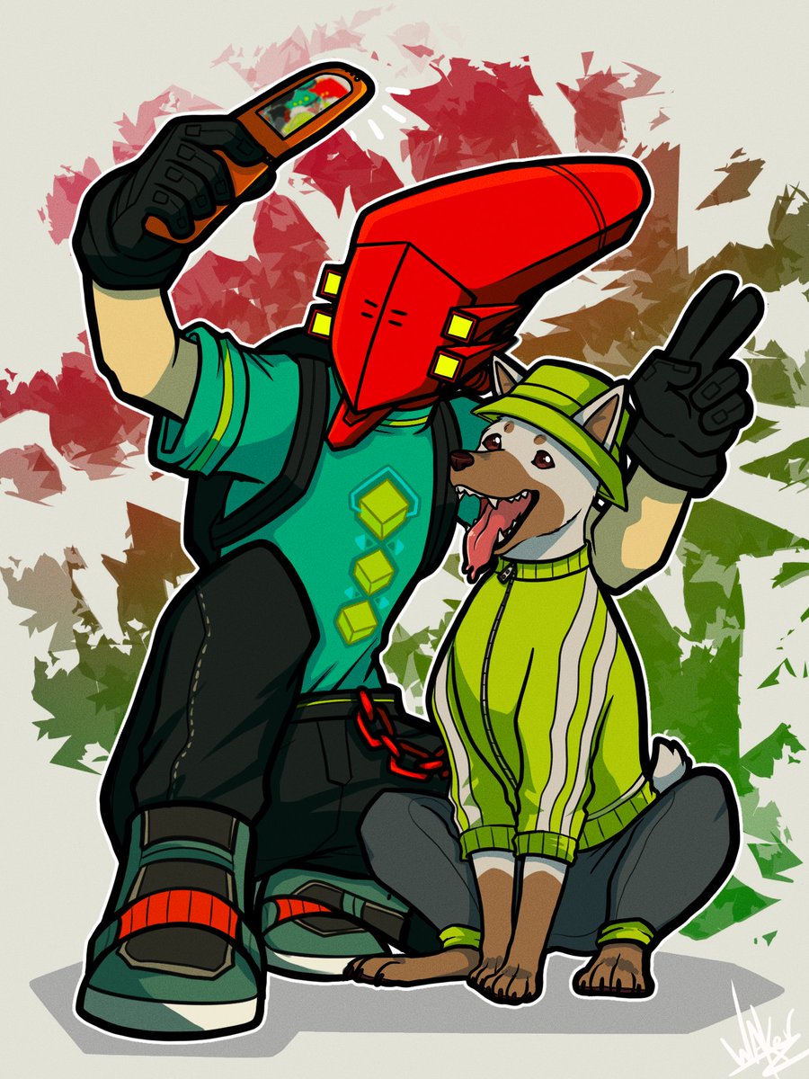 1boy, animal, black_gloves, black_pants, bomb_rush_cyberfunk, bucket_hat, cellphone, clothed_animal