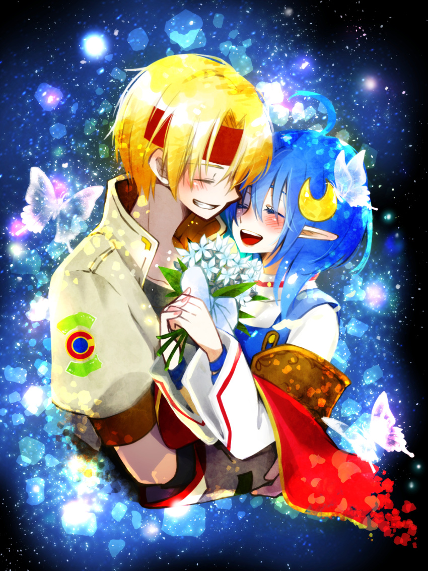 1boy, 1girl, blue_hair, bug, butterfly, cape, claude_kenni, crescent