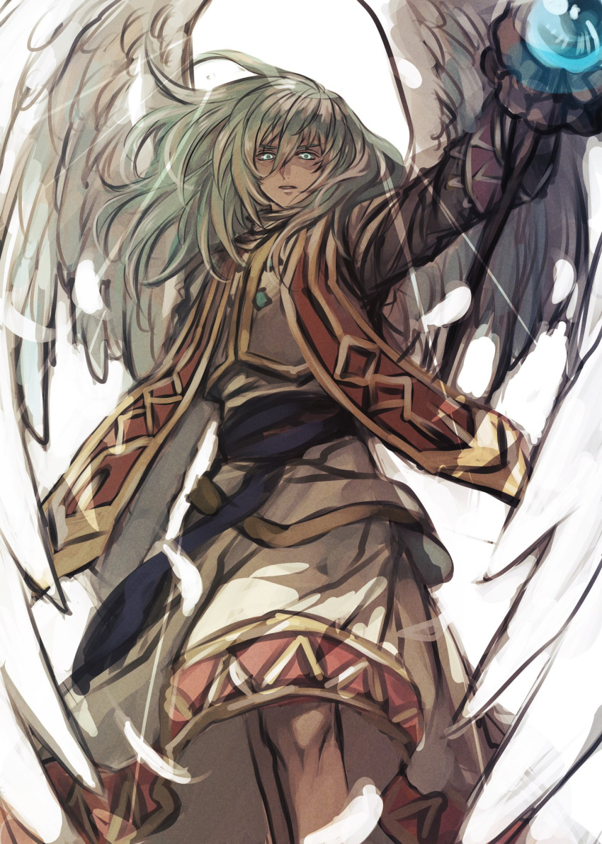 1boy, aikari_maru, aqua_hair, blue_eyes, feathered_wings, feathers, highres, ioshua_jerand