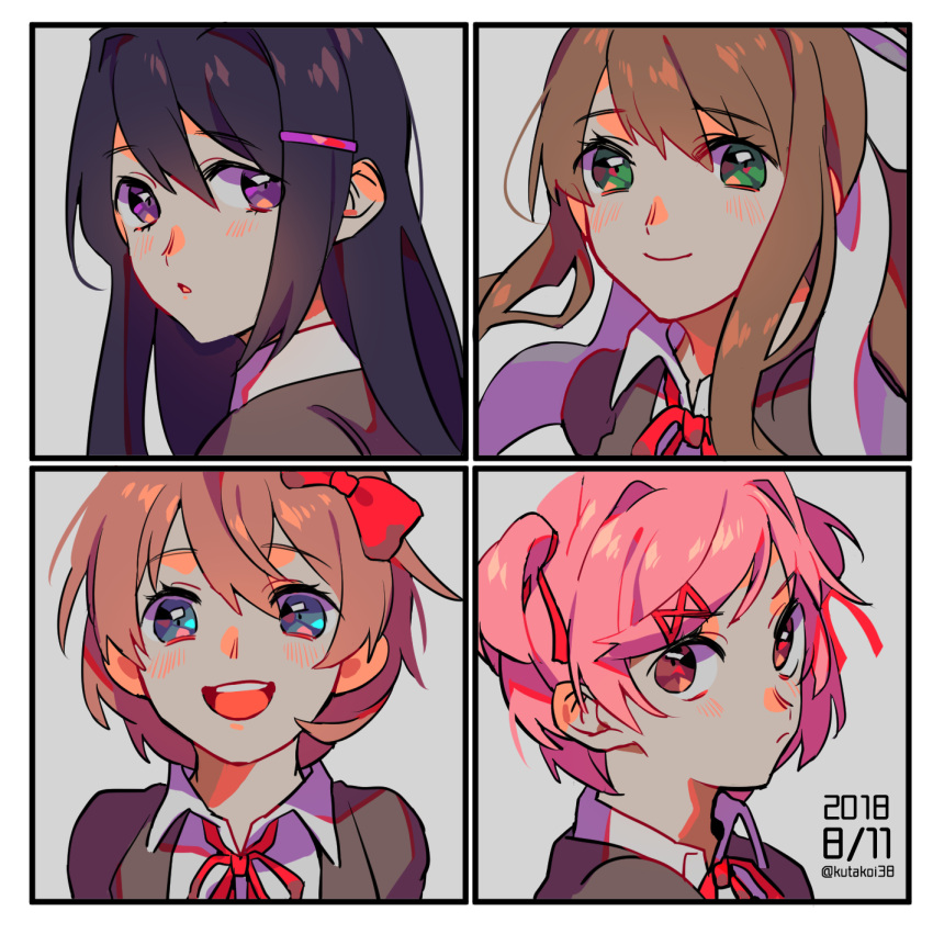 4girls, blazer, blue_eyes, blush, bow, brown_hair, collared_shirt, dated, doki_doki_literature_club, green_eyes, hair_bow, hair_ornament, hair_ribbon, hairclip, highres, jacket, kutako_(kutako138), long_hair, looking_at_viewer, looking_back, monika_(doki_doki_literature_club), multiple_girls, natsuki_(doki_doki_literature_club), open_mouth, parted_lips, pink_eyes, pink_hair, pout, purple_hair, red_bow, red_ribbon, ribbon, sayori_(doki_doki_literature_club), school_uniform, shirt, short_hair, sidelocks, simple_background, smile, swept_bangs, teeth, twintails, twitter_username, upper_teeth_only, violet_eyes, white_ribbon, white_shirt, yuri_(doki_doki_literature_club)