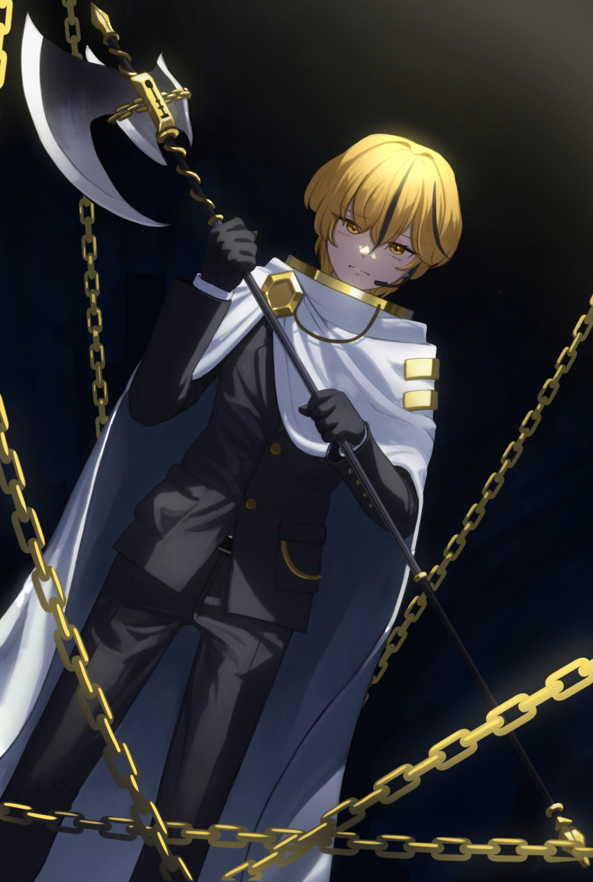 1girl, axe, black_gloves, black_jacket, black_pants, blonde_hair, chain, closed_mouth, commentary_request, cosplay, earpiece, gloves, halberd, highres, holding, holding_axe, jacket, korean_commentary, library_of_ruina, limbus_company, lock, long_sleeves, looking_at_viewer, microphone, multicolored_hair, pants, polearm, project_moon, sareudal, sinclair_(limbus_company), solo, streaked_hair, weapon, yan_vismok, yan_vismok_(cosplay), yellow_eyes