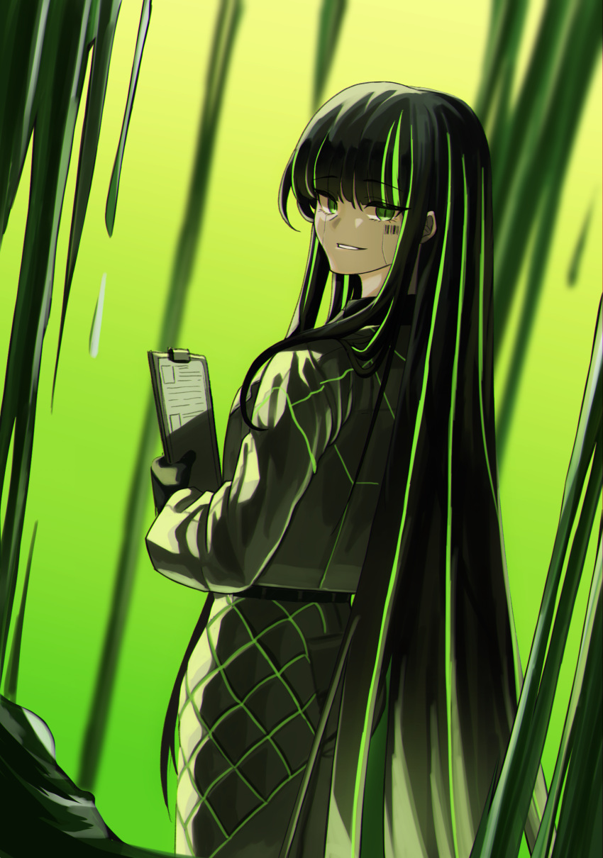 1girl, absurdres, alfonso_(limbus_company), barcode, barcode_tattoo, black_gloves, black_hair, black_jacket, black_pants, commentary_request, cowboy_shot, gloves, green_background, green_eyes, green_hair, grin, highres, holding, jacket, korean_commentary, limbus_company, long_hair, long_sleeves, looking_at_viewer, multicolored_hair, pants, project_moon, sareudal, sidelocks, smile, solo, streaked_hair, tattoo, very_long_hair
