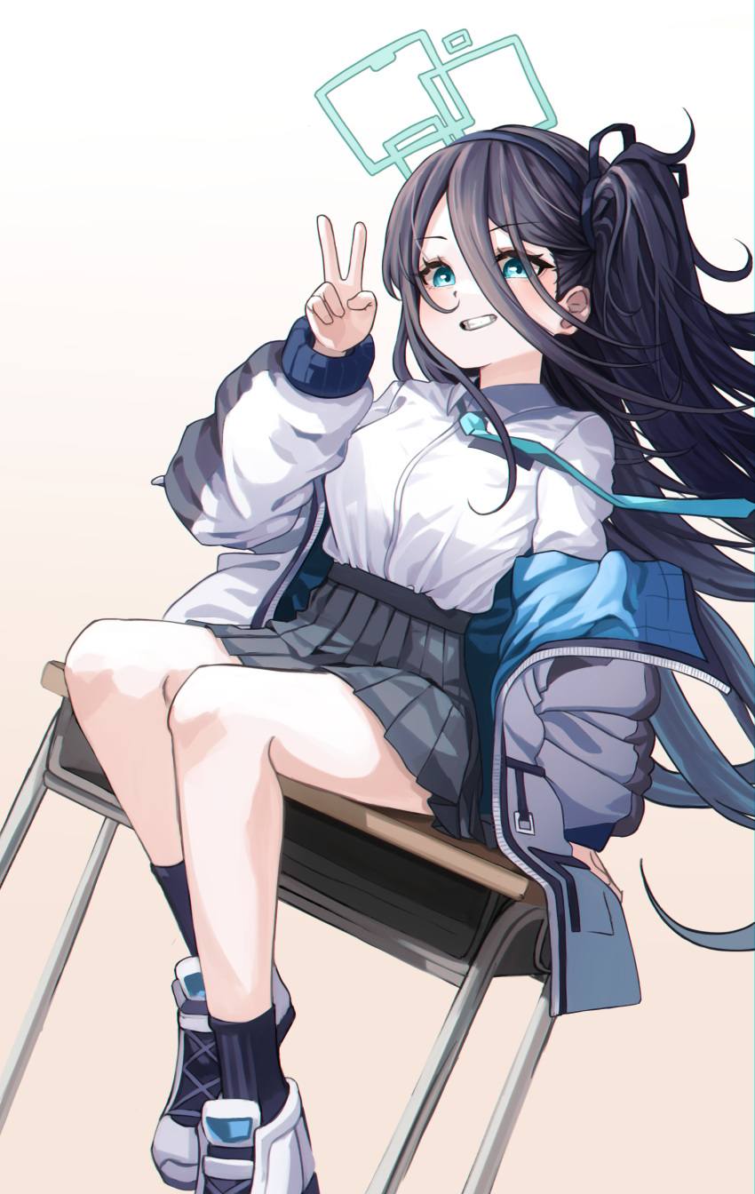 1girl, absurdres, aris_(blue_archive), black_hair, black_socks, blue_archive, blue_halo, blue_necktie