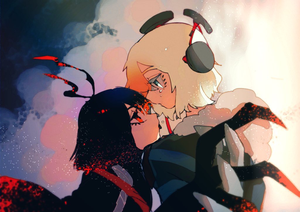 2girls, antennae, black_coat, black_hair, blue_eyes, claws, coat, commentary_request