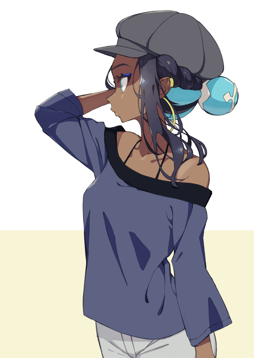 absurdres, black_hair, blue_eyes, blue_eyeshadow, blue_hair, dark-skinned_female, dark_skin, earrings