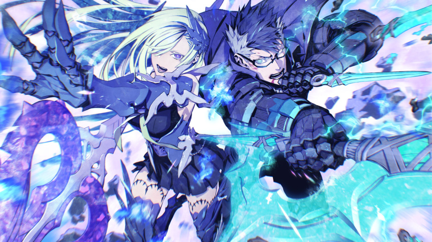 armor, armored_boots, armored_dress, boots, brynhildr_(fate), brynhildr_romantia, couple, dynamic_pose
