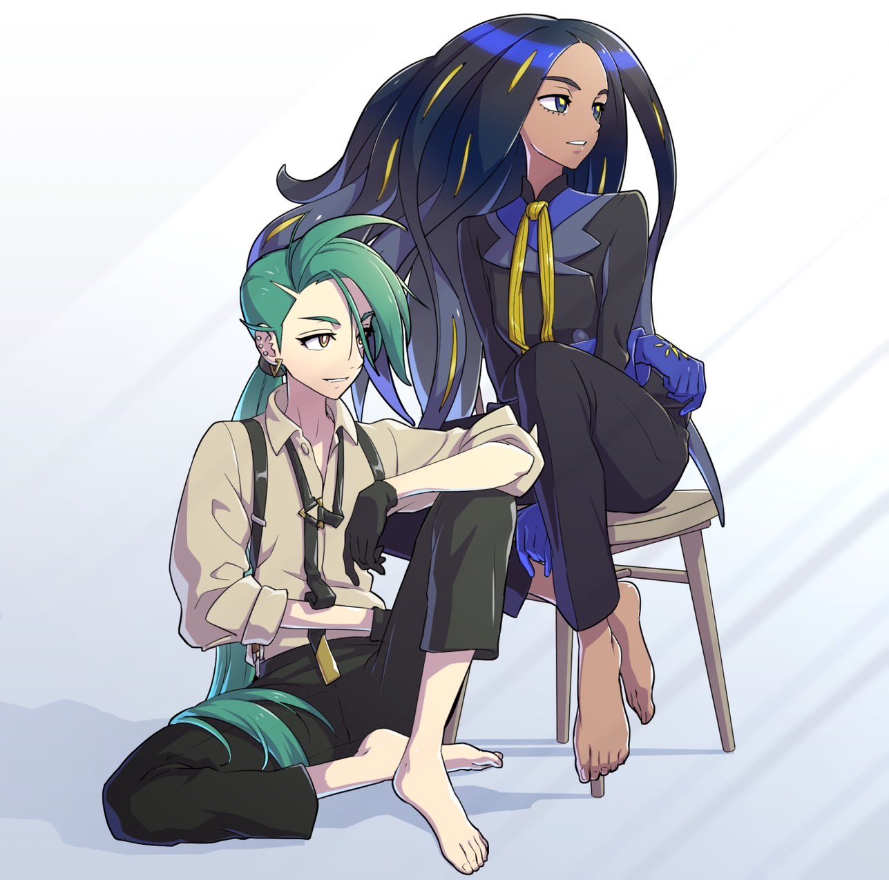 2girls, barefoot, black_gloves, black_hair, black_jacket, black_necktie, black_pants, blonde_hair, blue_eyes, blue_gloves, bright_pupils, collared_shirt, dark-skinned_female, dark_skin, earrings, geeta_(pokemon), gloves, green_hair, grey_shirt, highres, hitohito, jacket, jewelry, long_hair, long_sleeves, multicolored_hair, multiple_girls, neck_ribbon, necktie, pants, pokemon, pokemon_(game), pokemon_sv, ponytail, red_eyes, ribbon, rika_(pokemon), rpurasu, shirt, smile, streaked_hair, suspenders, very_long_hair, white_pupils, yellow_ribbon
