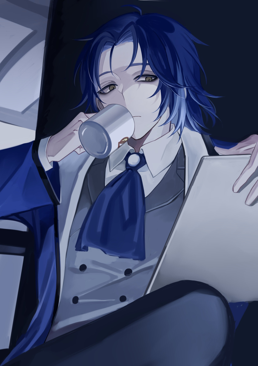 1boy, absurdres, black_pants, blue_coat, blue_hair, buttons, chesed_(project_moon), clipboard, closed_mouth, coat, collared_shirt, cup, grey_vest, highres, holding, holding_clipboard, holding_cup, lob_juice, lobotomy_corporation, long_sleeves, looking_to_the_side, male_focus, medium_hair, mug, pants, project_moon, shirt, solo, vest, white_shirt, yellow_eyes
