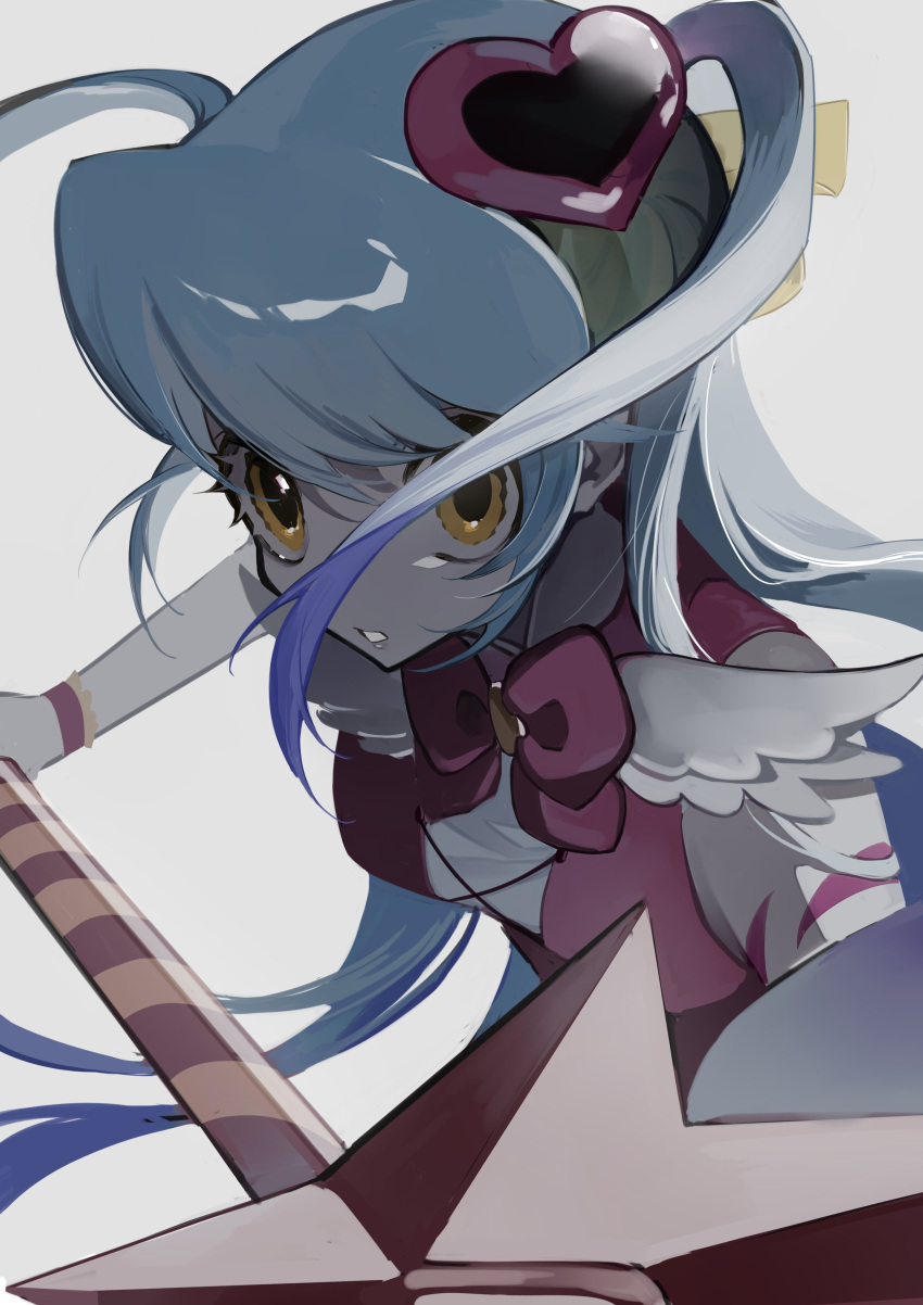 1girl, absurdres, arm_tattoo, bow, bowtie, grey_background, hair_ornament, heart