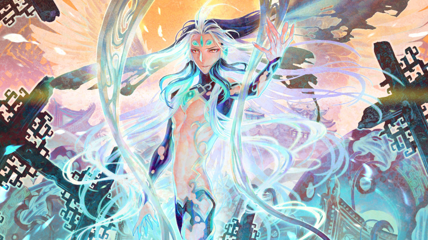 1other, androgynous, azuma_toh, bare_pectorals, eyeshadow, fate/grand_order, fate_(series), forehead_jewel, green_pupils, highres, jade_(gemstone), makeup, multicolored_hair, official_art, pectorals, red_eyeshadow, shi_huang_di_(fate), shi_huang_di_(third_ascension)_(fate), two-tone_hair