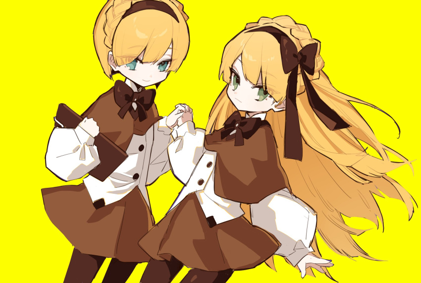 1boy, 1girl, blue_eyes, bow, bow_hairband, bowtie, braid, brown_bow