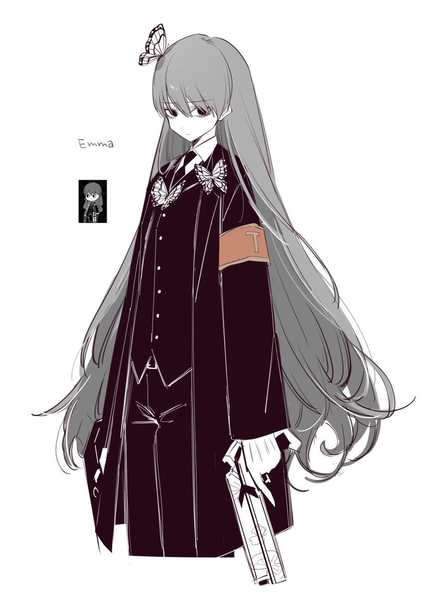 1girl, armband, black_coat, black_eyes, black_necktie, black_pants, black_vest, bug