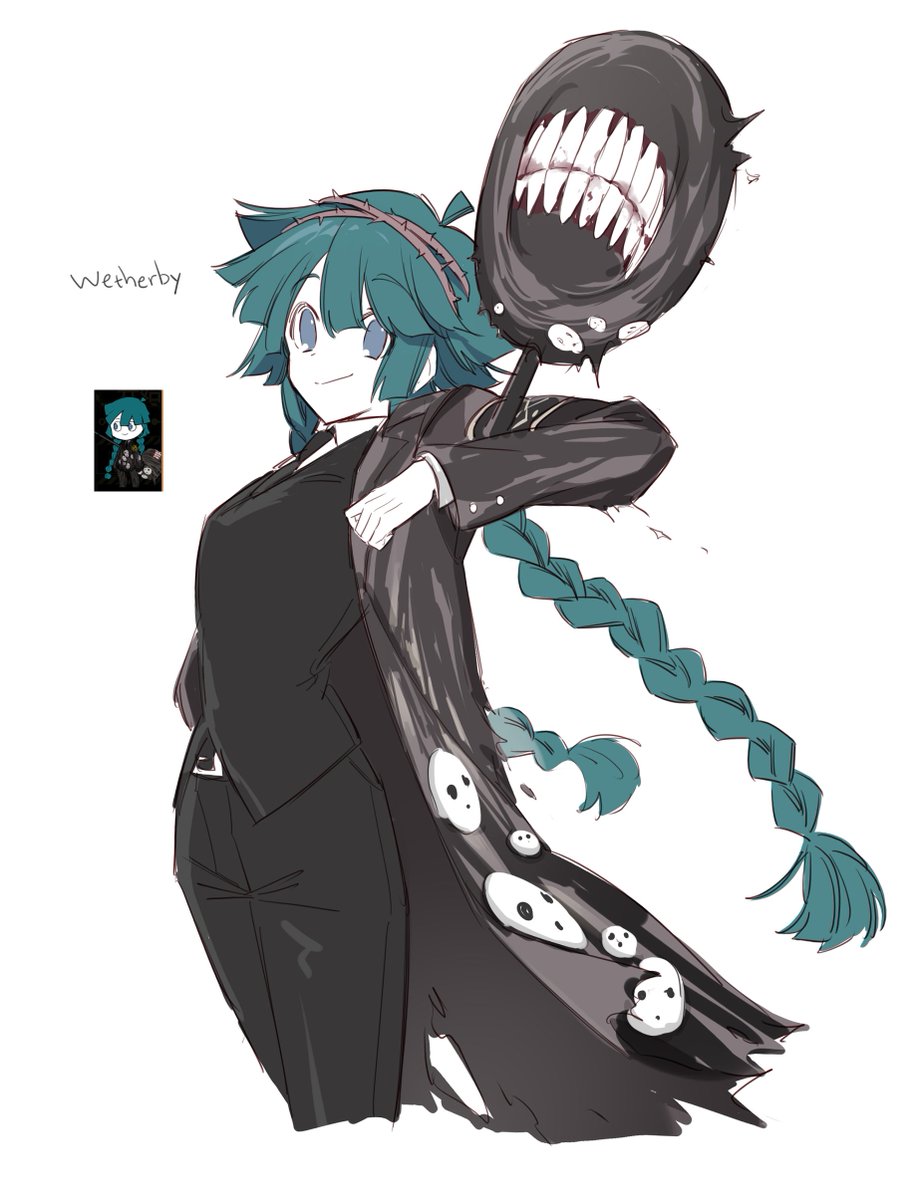 1girl, black_coat, black_jacket, black_necktie, black_pants, blue_eyes, blue_hair, braid
