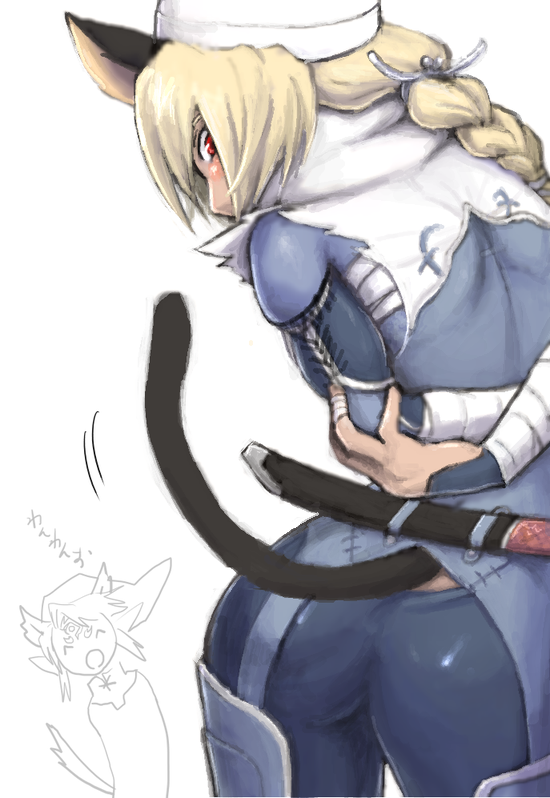 androgynous, animal_ears, ass, blonde_hair, blush, braid, cat_tail, goma_tonbi, kemonomimi_mode, link, long_hair, looking_back, nintendo, ocarina_of_time, pointy_ears, red_eyes, reverse_trap, sheik, single_braid, smile, tail, the_legend_of_zelda, translated