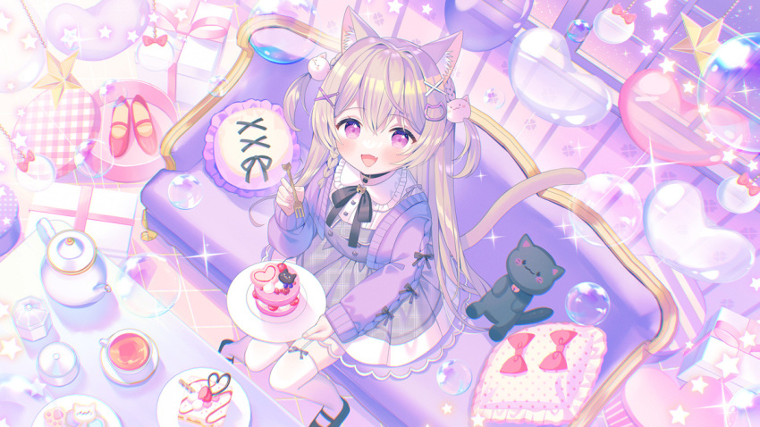 1girl, :d, animal_ears, black_bow, black_footwear, black_ribbon, blush, bow