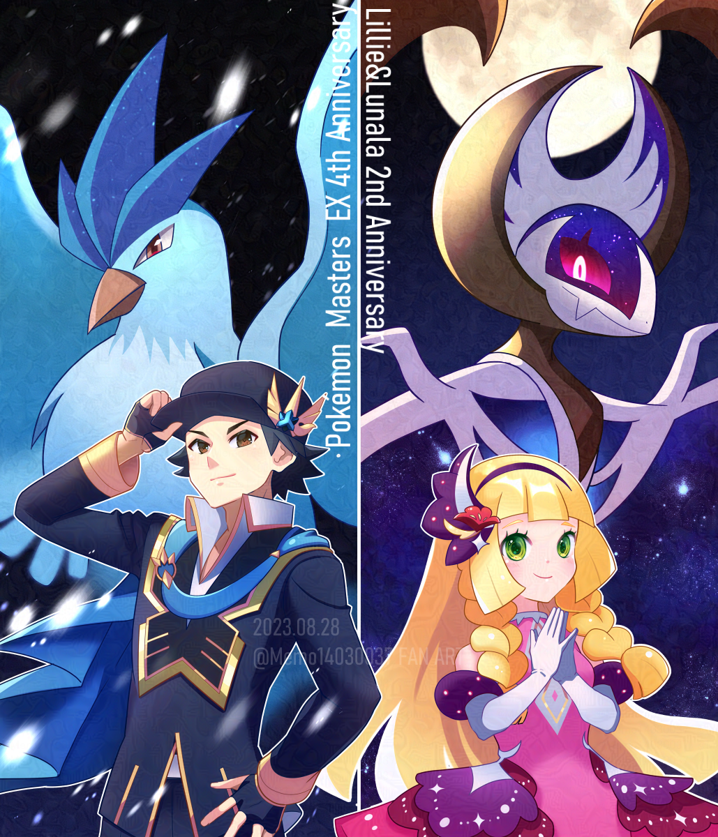 1boy, 1girl, alternate_color, anniversary, articuno, beak, black_headwear, blonde_hair