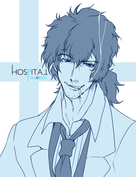 1boy, gabriel_cunningham, hospital_rokunin_no_ishi, lab_coat, long_hair, looking_at_viewer, necktie, smoking