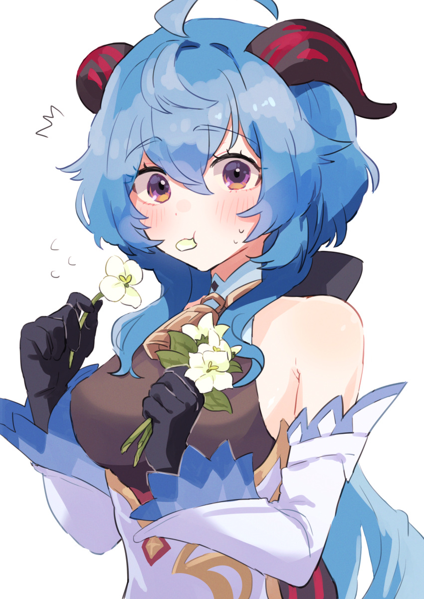 1girl, ^^^, absurdres, ahoge, bare_shoulders, bell, black_gloves, blue_hair