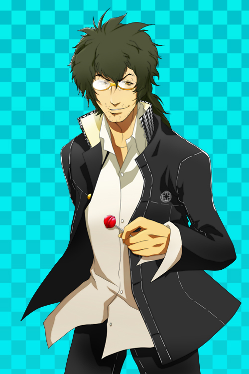 black_jacket, blue_background, brown_eyes, brown_hair, candy, derivative_work, food, gabriel_cunningham