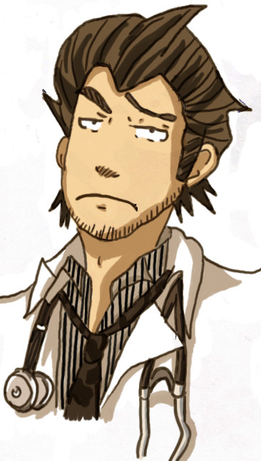 1boy, brown_hair, chou_shittou_caduceus, lab_coat, looking_at_viewer, markus_vaughn, necktie, shirt