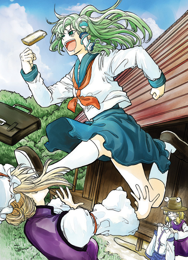 food, kicking, kochiya_sanae, moriya_suwako, school_uniform, sokusekimaou, thighhighs, touhou, what, yakumo_yukari