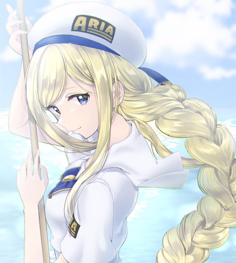 1girl, alicia_florence, aogirism, aria, arm_up, beret, blonde_hair, blue_bow