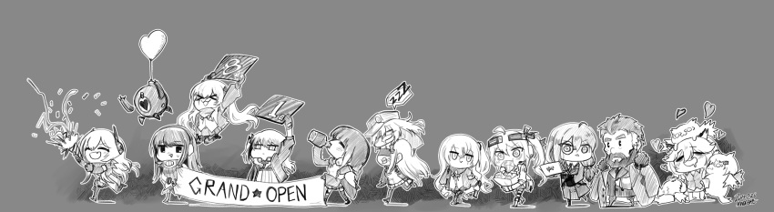 <o>_<o>, 1boy, 404_(girls'_frontline), 6+girls, :>, :d, ahoge, anger_vein