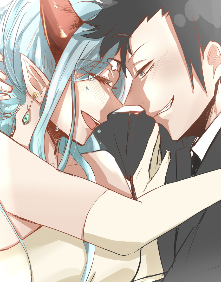1boy, 1girl, absurdres, black_hair, blue_hair, crying, eye_contact, grey_suit, grin, hand_on_another's_chest, hetero, highres, horns, light_blue_hair, looking_at_another, lv1_maou_to_one_room_yuusha, makura3340, maou_(lv1_maou_to_one_room_yuusha), max_(lv1_maou_to_one_room_yuusha), pointy_ears, red_eyes, red_horns, sideburns, smile, suit, third_eye, upper_body
